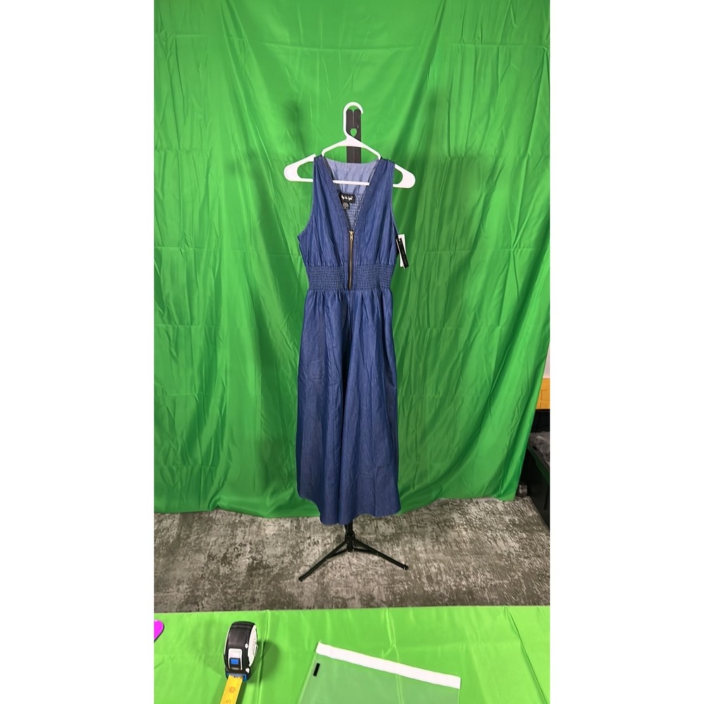 Step In Style Denim Look Chambray Midi Jumpsuit Smocked Waist Blue M